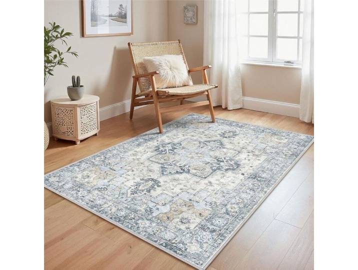 Tapis de salon vintage - Unbrand - Bleu - 120x180 cm - Envers antidérapant - Lavable - Poils ras