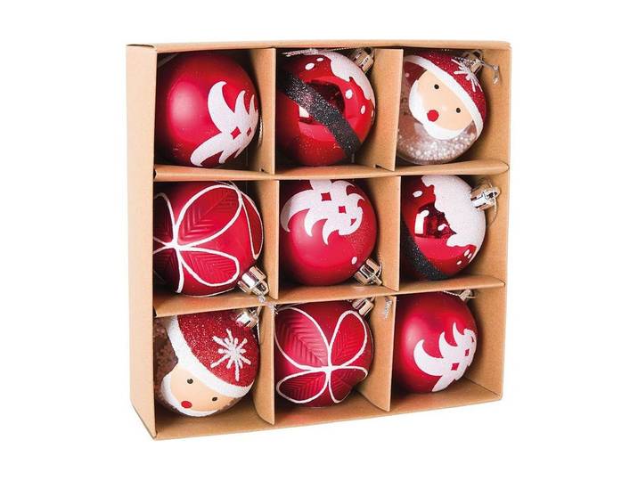 Weihnachtsbaumkugel Dekomat AG Rot / Weiss Ø 6 cm 9 Stück , rot (rot, weiß), Ø:6cm, Kunststoff, Weihnachtsbaumkugeln, Weihnachtsbaumkugel