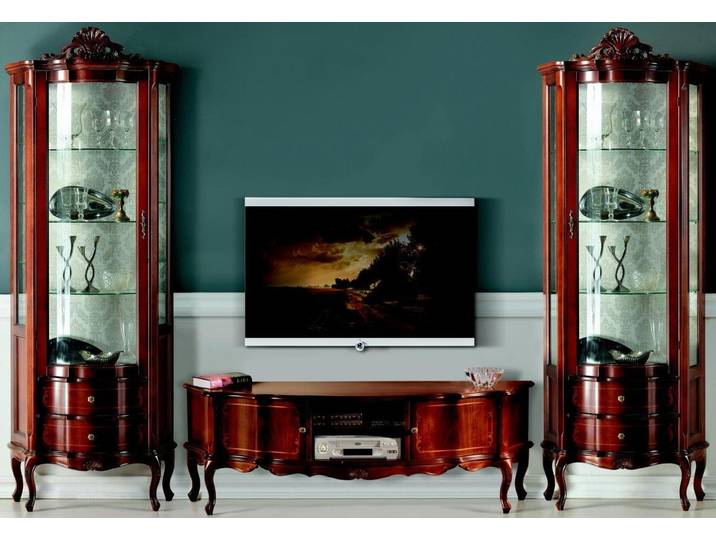 Xlmoebel Vitrine Luxus Wohnzimmermöbel im italienischen Barock-Rokoko-Stil, Braun (3tlg Set (RTV+2x Vitrine) Hergestellt in Italy