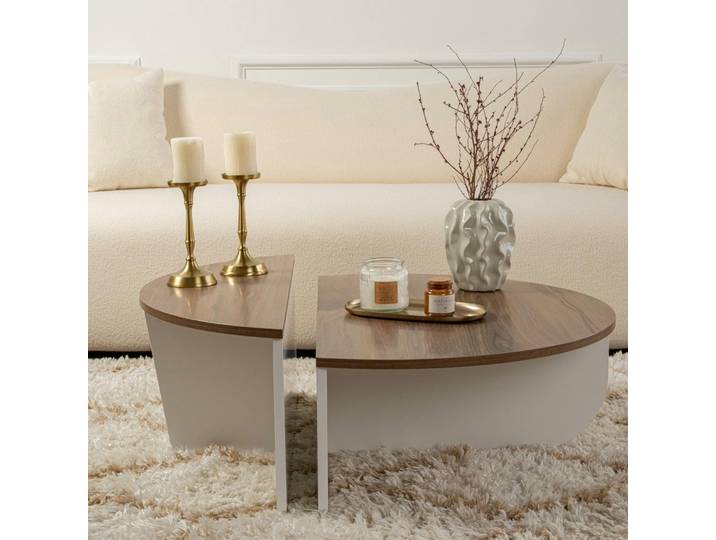 Table basse ronde modulable 2 hauteurs MARFA - Noyer / Blanc