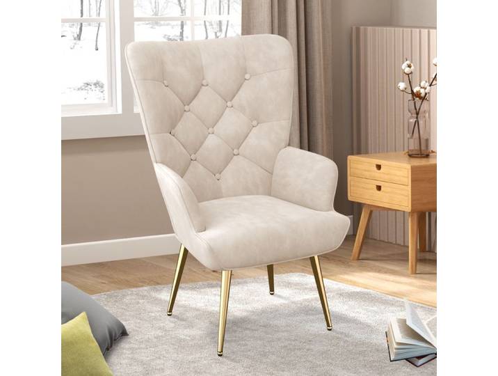 Fauteuil de salon Fauteuil scandinave en Tissu Moelleux Fauteuil relax avec Accoudoir & Dossier Chaise Coiffeuse Confortable Beige