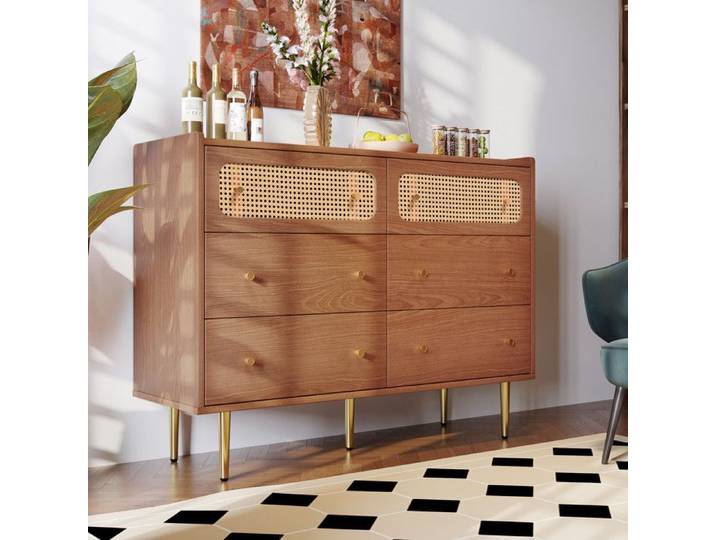 Commode vintage - URBAN MEUBLE - 6 tiroirs en rotin - Poignées dorées - 120x90x40cm - Bois clair