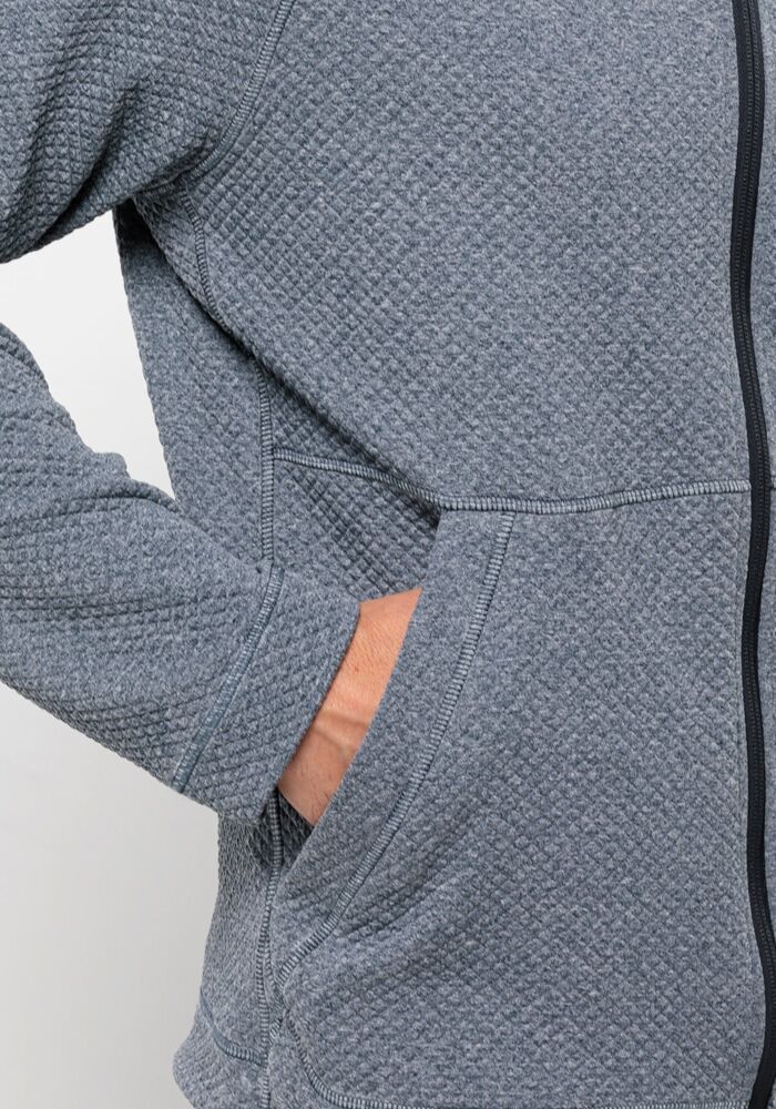 Kapuzenfleecejacke JACK WOLFSKIN "FERNWEH HOODED JKT M", Herren, Gr. S (48), blau (night, blau), OBERSTOFF: 97% POLYESTER, 3% ELASTHAN. Futter: 100% POLYESTER, Jacken Kapuzenfleecejacke, mit elastischem Jacquard-Fleece-Heather-Gewebe night, blau S (48)