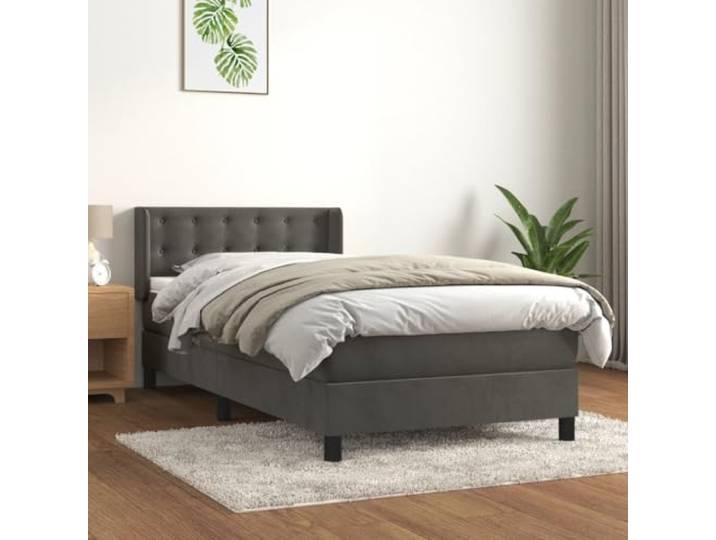 RJPLMFV Bettgestell, Velours, Dunkelgrau, 90 x 200 cm Verstellbares Kopfteil, Taschenfederkernmatratze, mittelharte Unterstützung, weicher Matratzenschoner
