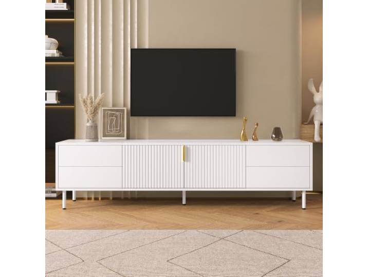 Merax TV Lowboard 180x40x49,5 cm mit Schubladen, Riffeltüren, Metallgriffen & Füßen – modernes Sideboard, Weiß