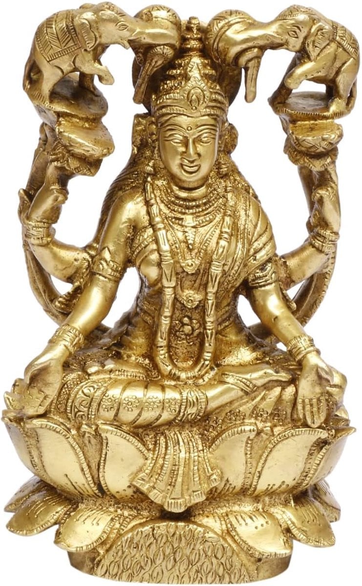 Gouden Lakshmi en Ganesha beeldjes van messing voor decoratie, Hoogte: 17.5 cm, Goud