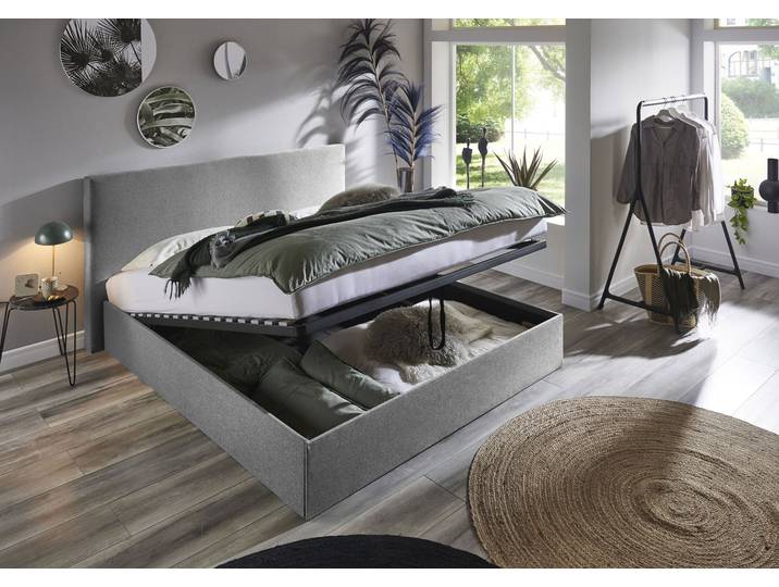 Bettgestell Melody , grau (hellgrau), B:182cm H:107cm L:213cm, Bettgestell und seitliche Einfassung der Matratzen: Strukturstoff, 100% Polyester;Spiegelfläche der Matratze: 100% Polyester, ATLANTIC HOME COLLECTION, Betten, Bettgestell, mit Bettkasten und Lattenrost