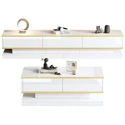 TV Schrank Couchtisch Set Hochglanz Weiß Goldrand Schubladen Ablage Modern Stilvoll Wohnzimmer Möbel 200x40x40cm 100x50x38cm