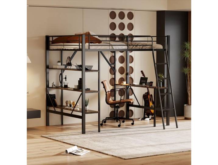 CollaHausse Lit Mezzanine Métal 90x200cm Bureau Étagères Noir