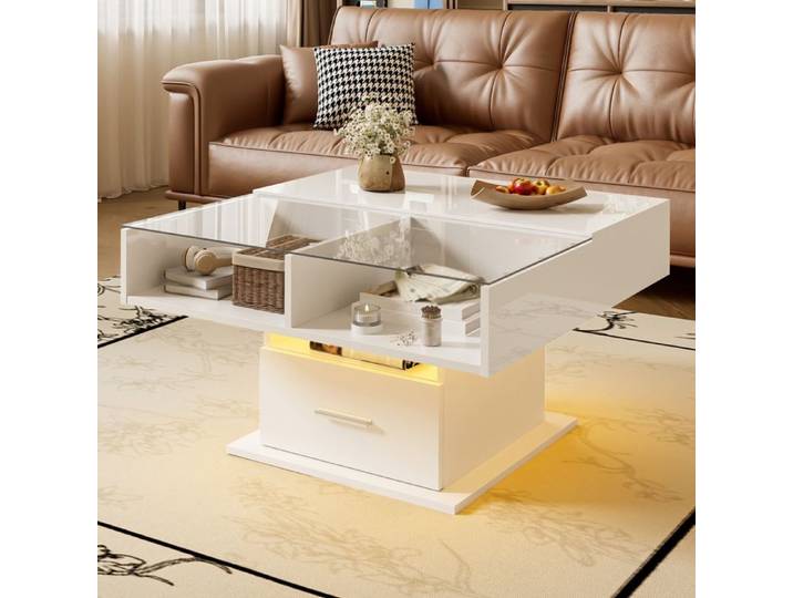 Table basse relevable carrée 78x78 cm avec LED - Table basse avec rangement blanche brillante
