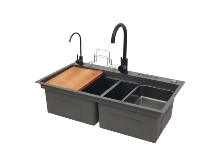 Doppelspülbecken Edelstahl 201, 82cm, mit Wasserhahn & Zubehör 82 × 46 × 24 cm, 2 Becken, Edelstahl 201/304, inkl. Wasserhahn, Schneidebrett & Messerhalter
