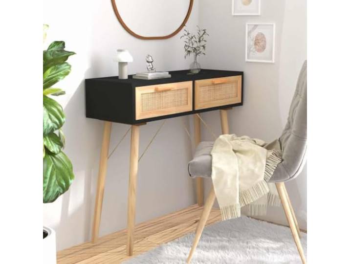 TEKGHUT Konsolentisch Schwarz 80x30x75cm Massivholz Kiefer Natur-Rattan Skandinavisches Design, 2 Schubladen, Rattan-Webmuster, Kiefernholzbeine, Montageanleitung inklusive