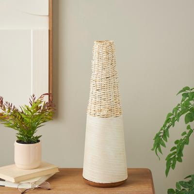 ARCILLA ELEMENTAL Light Brown Rattan Handmade Woven Geometric Decorative Vase with Beige Metal Base and Abstract Linear Markings