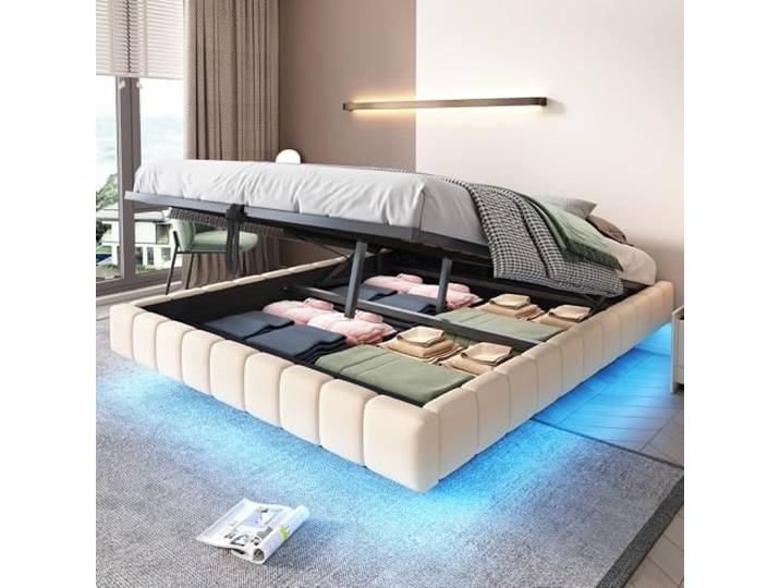 Merax Polsterbett 160x200 cm ohne Kopfteil, hydraulischer Schwebebettrahmen mit Stauraum, LED-Beleuchtung mit Farbwechsel, Doppelbett mit stabilem Metallrahmen, Leinen, Beige (Ohne Matratze)