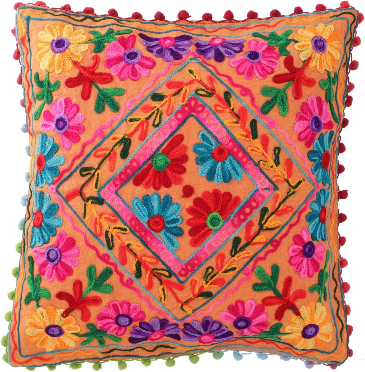 Handgemaakte Boho kussenhoes met borduurwerk in folklore stijl, Oranje Roze, 40 x 40 cm