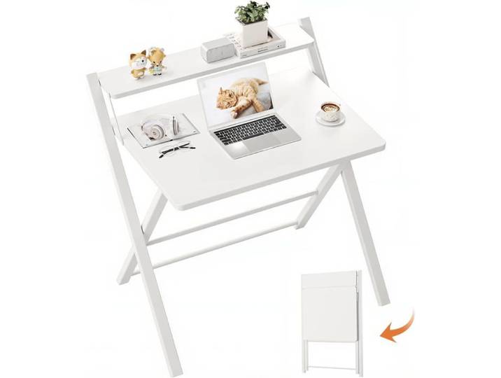 Bureau Pliable 82cm Blanc avec 2 Niveaux de Rangement - Multifonction: PC Portable Gaming Écriture - Pour Espace Réduit et Bureau