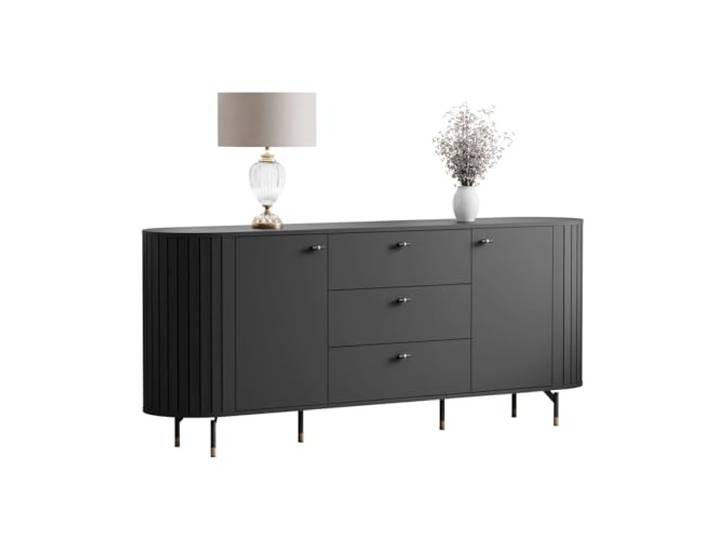 Lookway Kommode Elodie 2D3S 190 – Elegante Sideboard-Kommode mit vertikalen Fräsungen, abgerundeten Seiten auf Metallbeinen, modernes Design für Wohnzimmer oder Esszimmer (Schwarz)