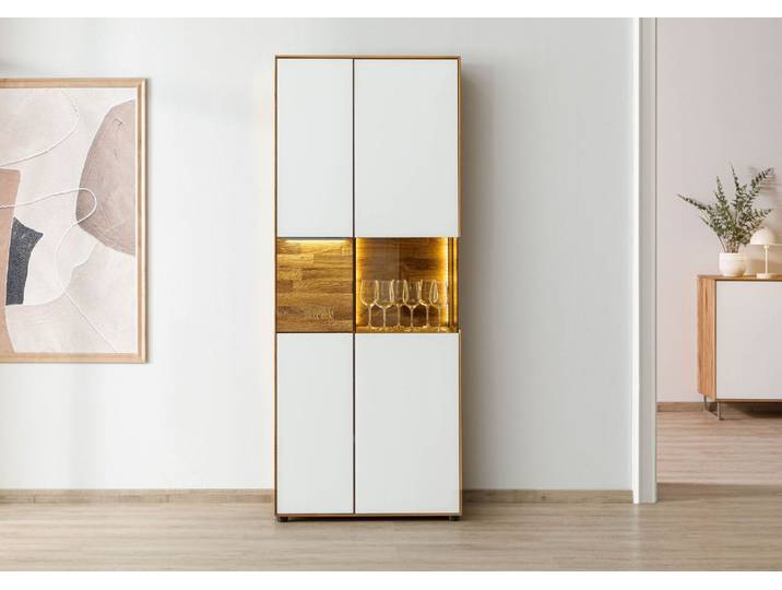 Schrank Wildeiche 80x43x200 natur geölt / Glas weiß WIEN #140