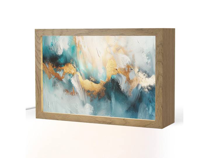 OnlyWow Tischleuchte - Abstrakt - Kunst - Gold - Blau - 30x20 cm, Aubergine, Holzwerkstoff, Rechteckig, LED integriert, 30x20x8 cm, Lampen & Leuchten, Innenbeleuchtung, Tischlampen