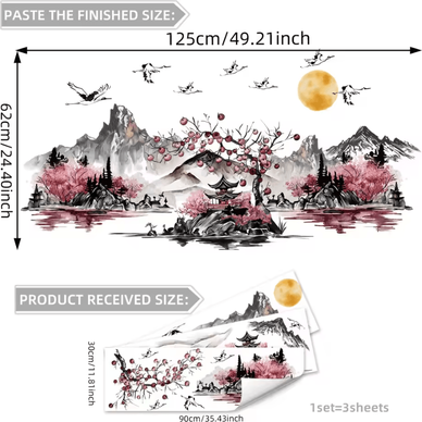 Inspire Curations 3 Piece Chinese Ink Landscape Wall Stickers mountainh