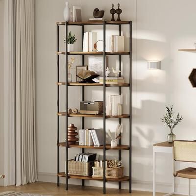 "Garvee 6-Tier Industrial Bookshelf, 71"" Tall Oval Vintage Bookcase, Metal Frame Display Storage Shelf for Living Room"