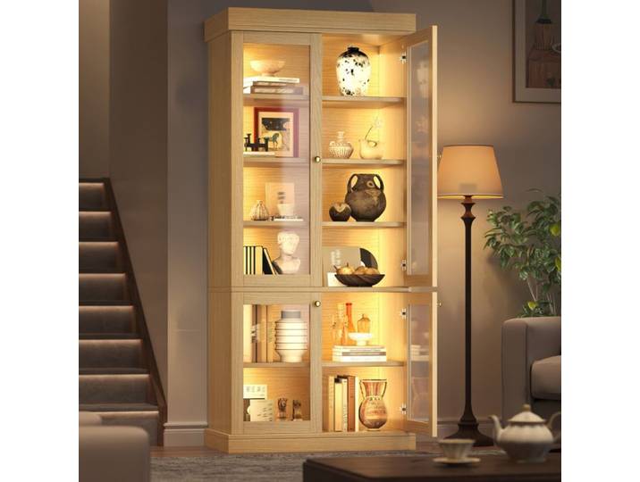 Vitrine haute – LED intégrée – verre et décor bois naturel – 160 x 40 x 180 cm