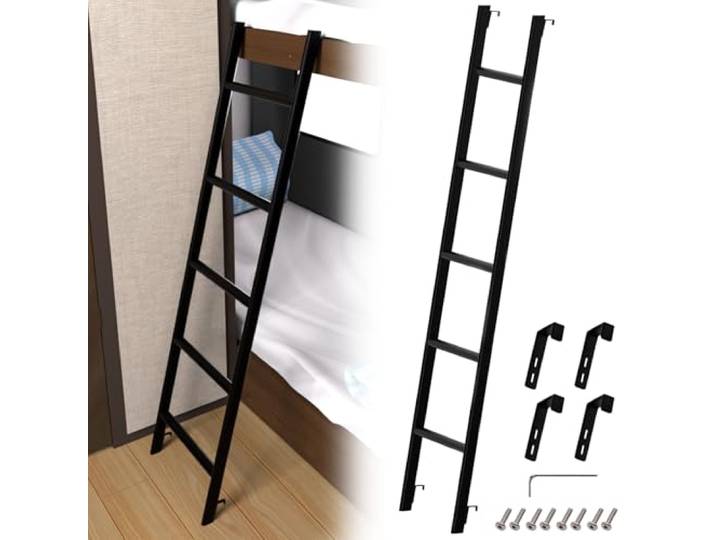 Schwarz Hochbett Leiter, 152 cm, 4 Haken, Einteiliger Stahlkonstruktion Stabil, 150 kg Tragkraft, Glatt und Gratfrei, Rutschfeste Fußkappen, Montagematerial und Werkzeug Inklusive