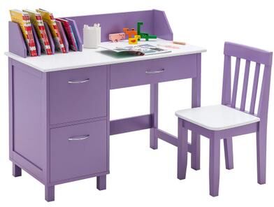Costway Kids Wooden Writing Furniture Set with Drawer and Storage Cabinet-Purple