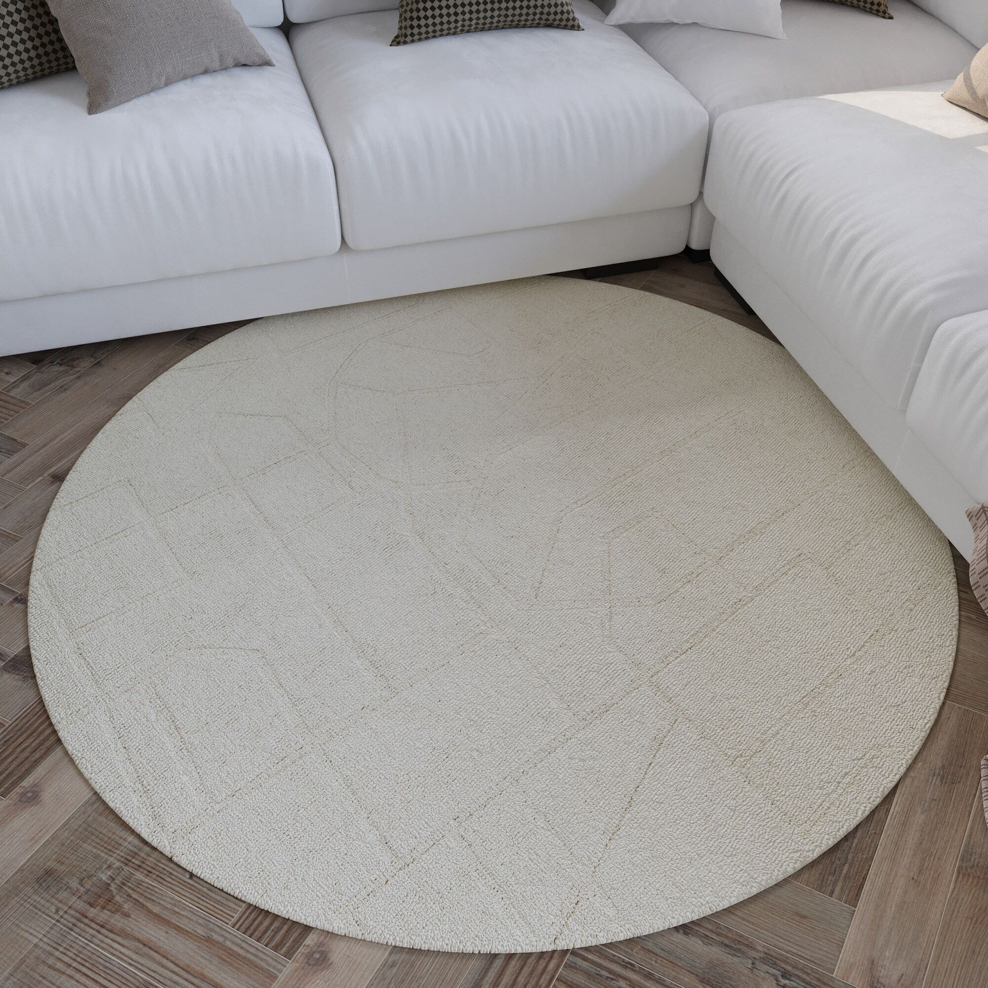 Teppich WECON HOME "Hamptons TWENTYEIGHT", beige (creme weiß), H:15mm Ø:200cm, Polyester, Teppiche, Teppich, Kurzflor, Wohnzimmer, Schlafzimmer, elegant, robust, Lineares Design creme weiß Ø 200cm 1 Stk., 15mm, Ø 200cm