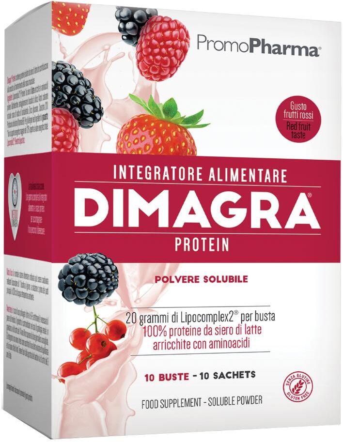 PROMOPHARMA SpA Dimagra Protein - 10 Buste Gusto Frutti Rossi - Integratore Proteico delizioso e nutriente