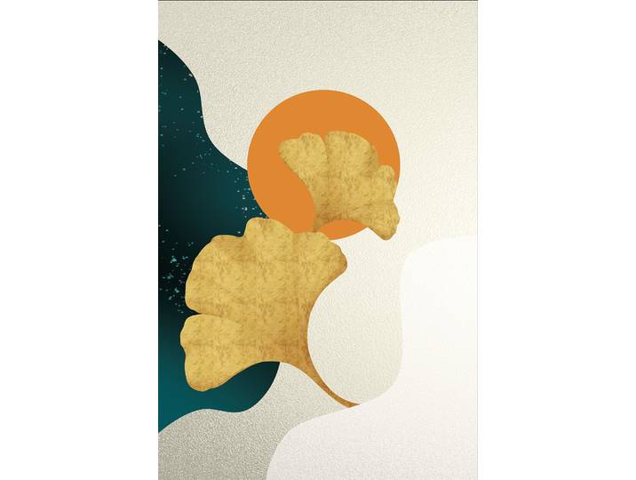 Leinwandbild QUEENCE Gingkoblatt Abstrakte Kunst, Canvas Bild von Hand bespannt , farbe bild(er): gold,orange,weiß,grau,hellgrau,grün, B:60cm H:90cm T:2cm, Bilder, Leinwandbild, Zeitlose Ginkgo-Motive in hellen Farben