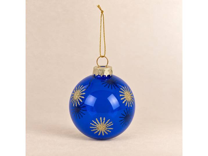 Blaue Weihnachtskugel aus Glas mit goldenen Sternenmustern