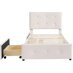 OKWISH Klassisches Polsterbett mit Samtstoff, stabilem Stahlrahmen, Lattenrost, integrierter Schublade, langlebig, geräuschlos, bequem, 90x200cm, Beige