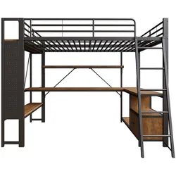 MODFU Hochbett Metall Schwarz 227x145x180 cm mit Schreibtisch, LED-Lichtleiste, Regalen und USB-Anschluss