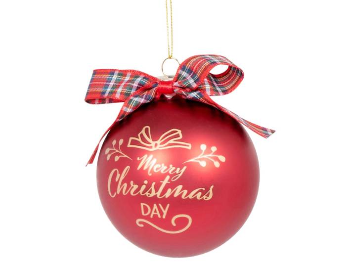 Christbaumkugel aus Glas, rot, mit „Merry Christmas“-Aufschrift und Schleife, blau, grün und gold
