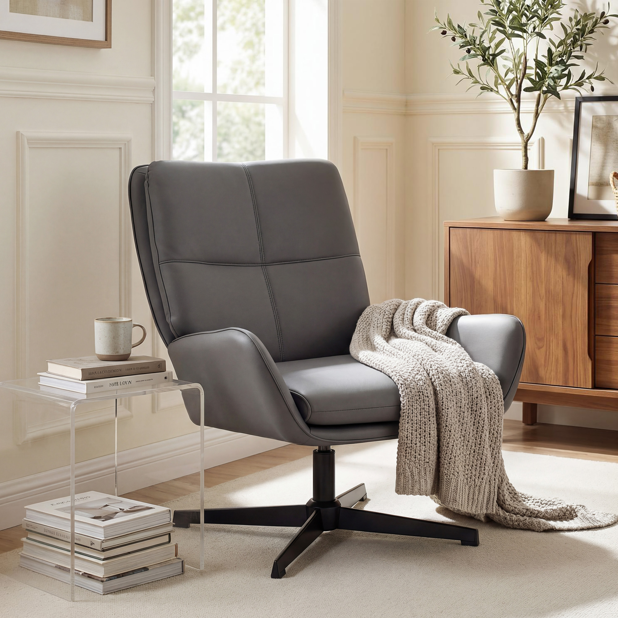 Homcom Poltrona da Salotto Rivestita in PU Poltrona da Lettura con Seduta Imbottita Braccioli Gambe Metalliche Grigio   Aosom Italy