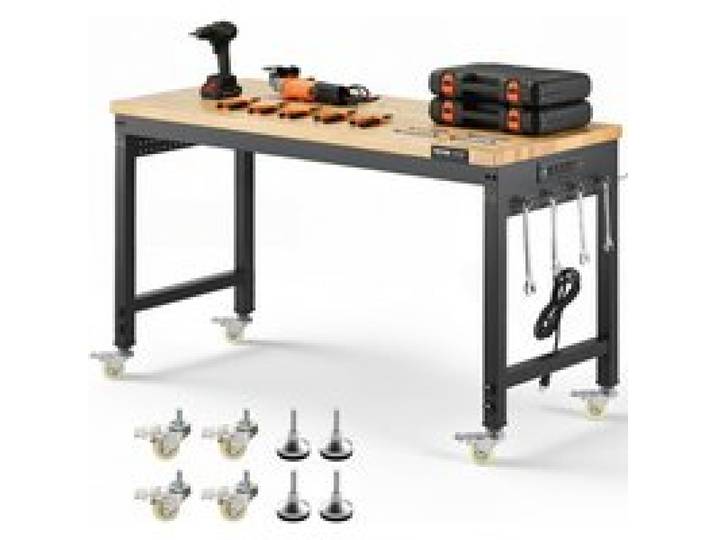 VEVOR Établi Atelier Garage 1220 mm Table de Travail sur Roulettes à Hauteur Réglable, Capacité de Charge 907,2 kg avec Prise de Courant, Panneau Perforé, Établi Robuste en Chêne pour Bureau, Maison