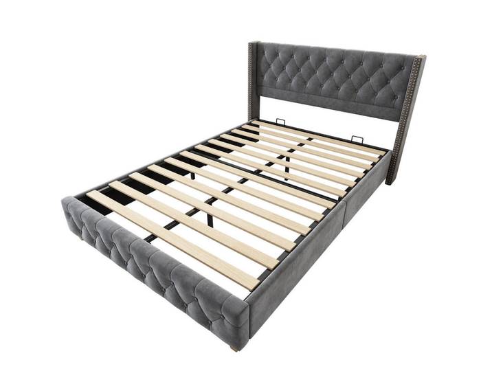 Modfu Polsterbett aus Samt 160x200 cm in Grau mit Lattenrost, 160x200 cm, Schlafzimmer, Betten, Polsterbetten