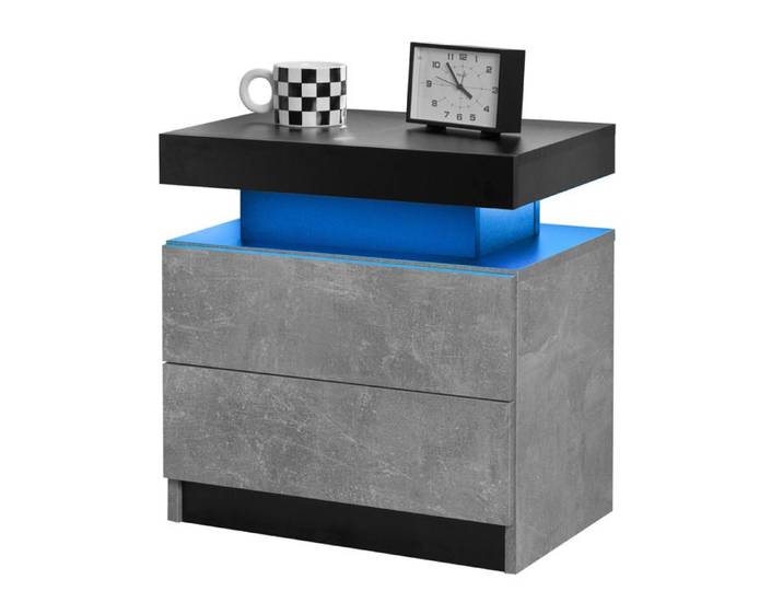 Meuble de Nuit LED Contemporain à Deux Tiroirs Table de Chevet Latérale Grise