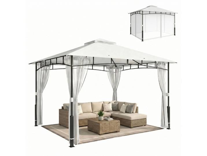 Outsunny Pavillon, 3x3,6 m Gartenpavillon mit Moskitonetz Doppeldach Schwarz