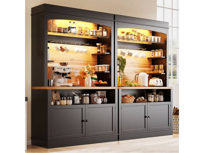Lot de 2 buffets de cuisine hauts 107x43x184 cm noir MDF et métal LED USB rangements ouverts avec crochets vitrine