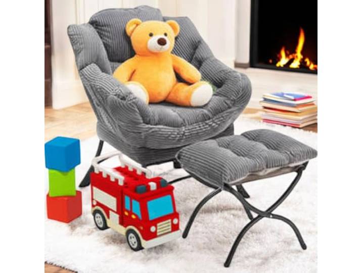 FurnitureR Komfortabler Grauer Lehnstuhl mit Hocker-Set, Modernes Design, Weicher Stoff, Robuster Metallrahmen, Ideale Wahl für Zuhause, Kinderzimmer oder Büro
