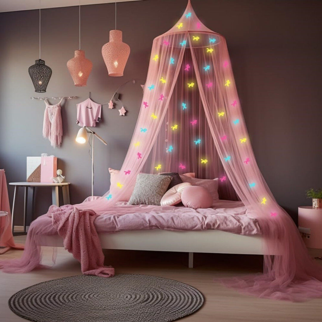 East Urban Home Bed Canopy For Girls With Pre-Glued Glow, Pink, 400 X 90Cm Pink