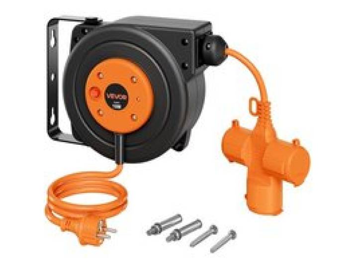 VEVOR Kabeltrommel 10 m 3000 W Automatischer Kabelaufroller 16 AWG/3-adrig, zur Decken-/Wandmontage, 3 Steckdosen, 56 °C Überhitzungsschutz, Beleuchtete Dreifachsteckdose, mit 180°-Schwenkhalterung