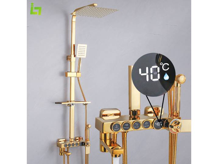 Ensemble de douche thermostatique doré, affichage de pluie, robinet de baignoire avec étagère d'accueil, plusieurs sorties d'eau