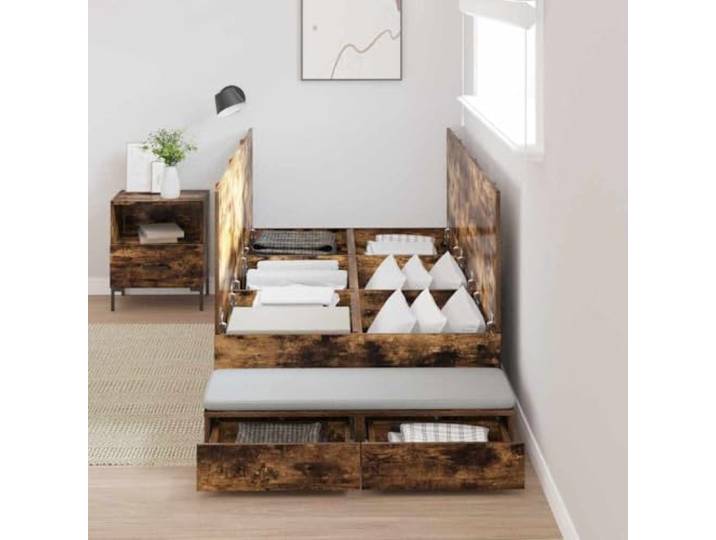 KTHLBRH Bettkasten Eiche Rauchgrau 90 cm mit 2 Schubladen Mehrschichtiges Holz, modernes Design, einfache Reinigung, Einzelbett 200 x 90 cm