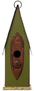 "Glitzhome 13.25""H Distressed Green Solid Wood Hanging Birdhouse"