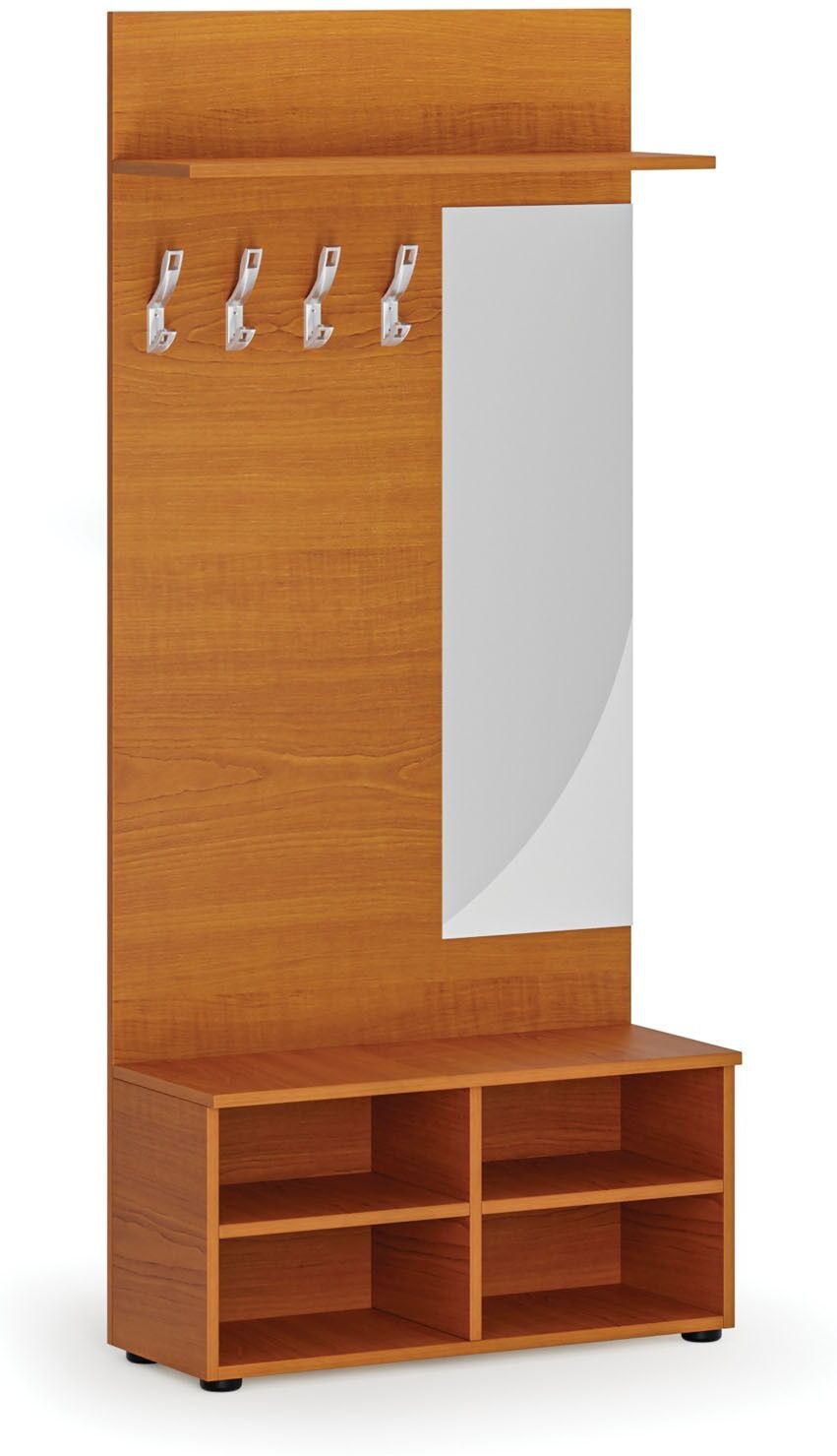 B2B Partner Garderobenwand HORIZONT, Schuhregal + Spiegel, 4 Haken, Ablage, Holzstruktur horizontal, Kirschbaum