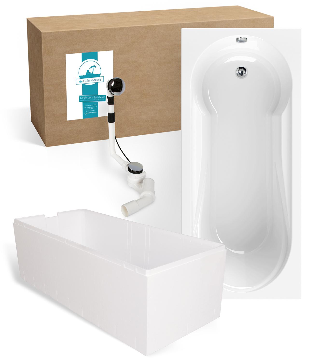 Calmwaters Badewanne mit Dusche Komplettset 180x80 cm mit Wannenträger & Ablaufgarnitur, Acrylwanne Modern Small 2, Duschzone, Set Badewanne komplett 180 x 80, Duschbadewanne für 2 Weiß, 99000167