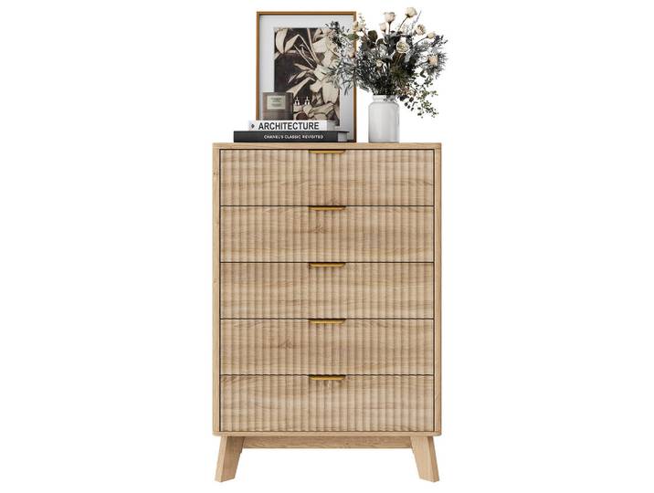 Shopentra Kommode 5 Schubladen Eichenoptik, Rillenstruktur, Goldgriffe, Naturfarben, Holz, 40x108x73 cm, Kleinmöbel, Kommoden, Kommoden